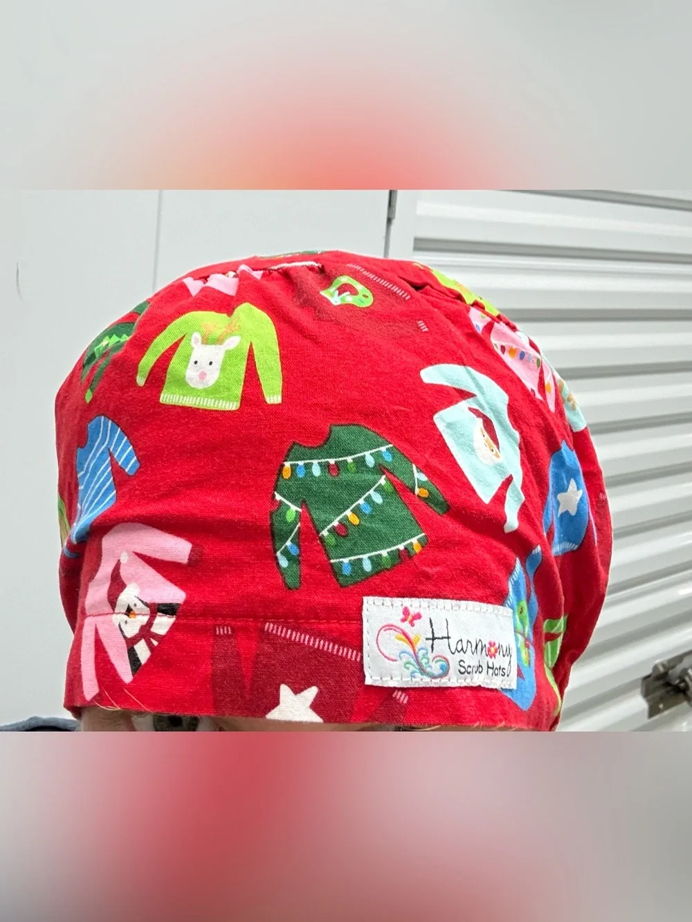 Harmony Scrub Hats Red Multicolor Christmas Print Cotton Bouffant Scrub Cap